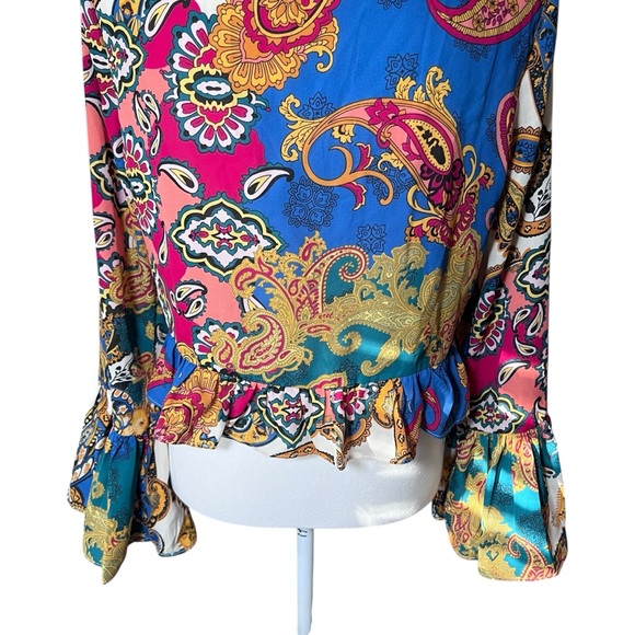 Willow & Root Mixed Paisley Print‎ Chiffon Blouse Bell Sleeves Tie Front Small - Picture 9 of 16